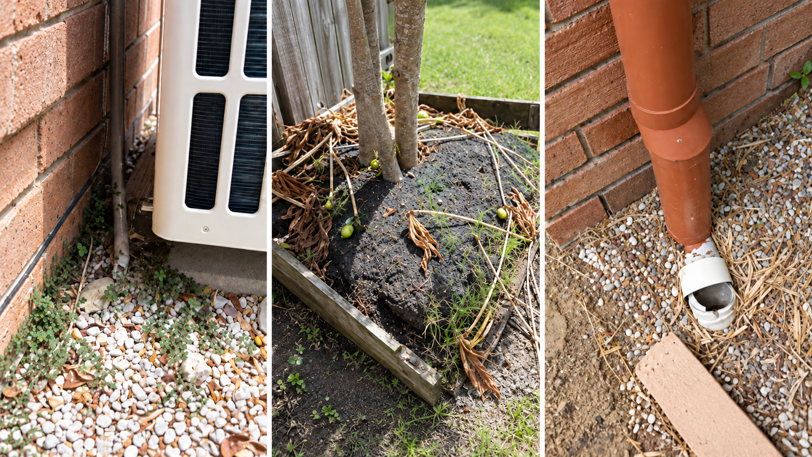 Examples of conditions around a property including an air conditioner, garden against timber and broken downpipe