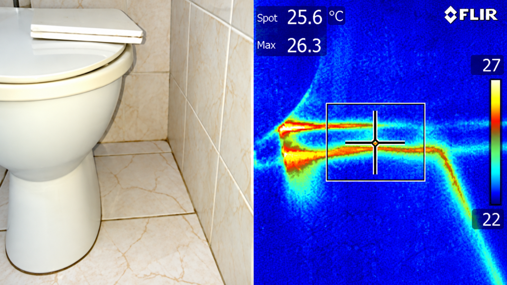 Bathroom beside a thermal image showing a temperature anomaly around the shower area