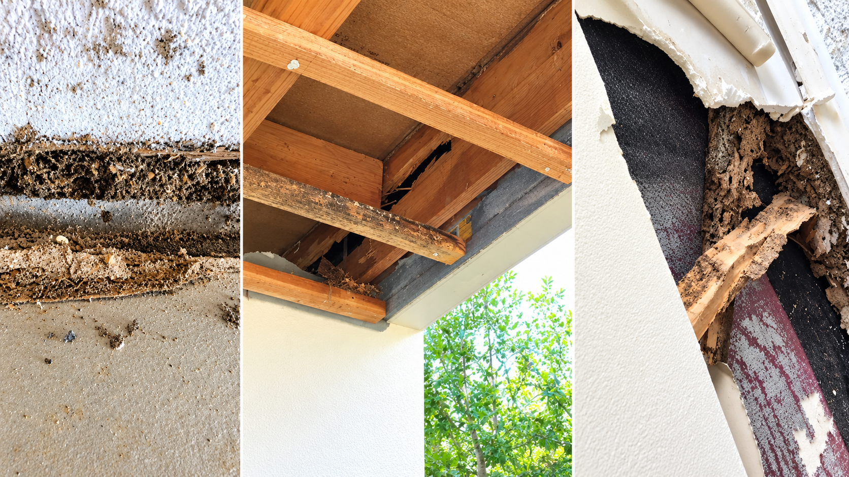 Examples of termite damage identified around a property