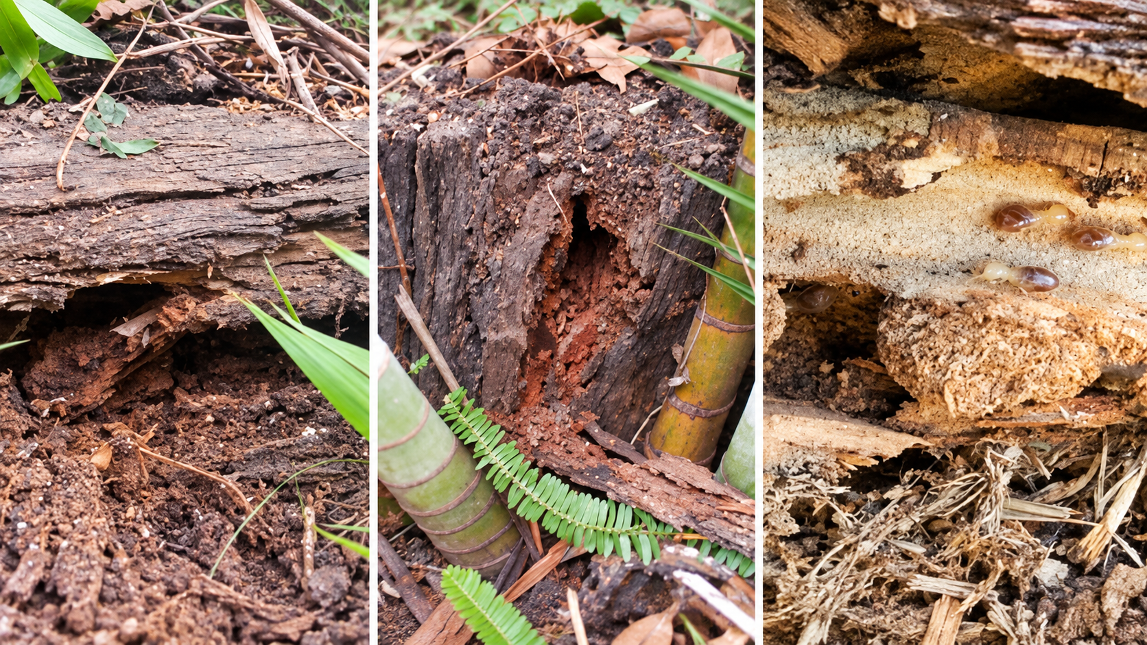 Deteriorated timber and termite activity in a retaining wall